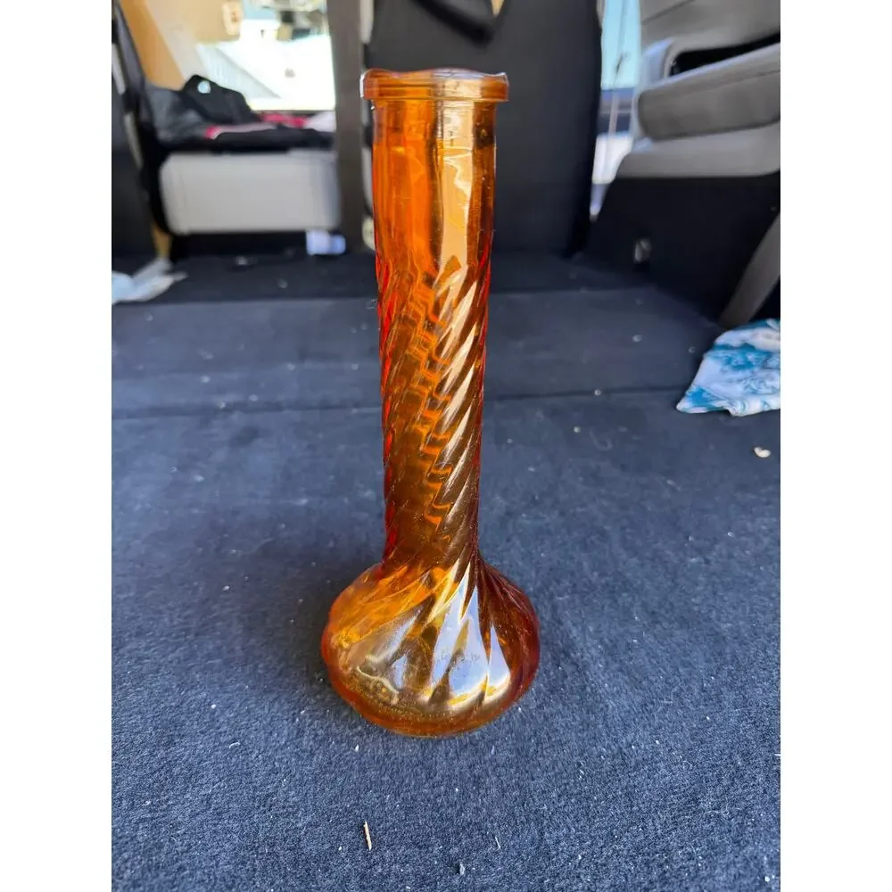 Federal Glass Company amber swirl bud vase wide base twisted neck design vintage